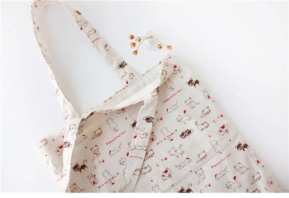 Cat Printed Linen Shoulder Bag