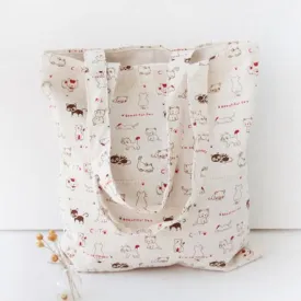 Cat Printed Linen Shoulder Bag