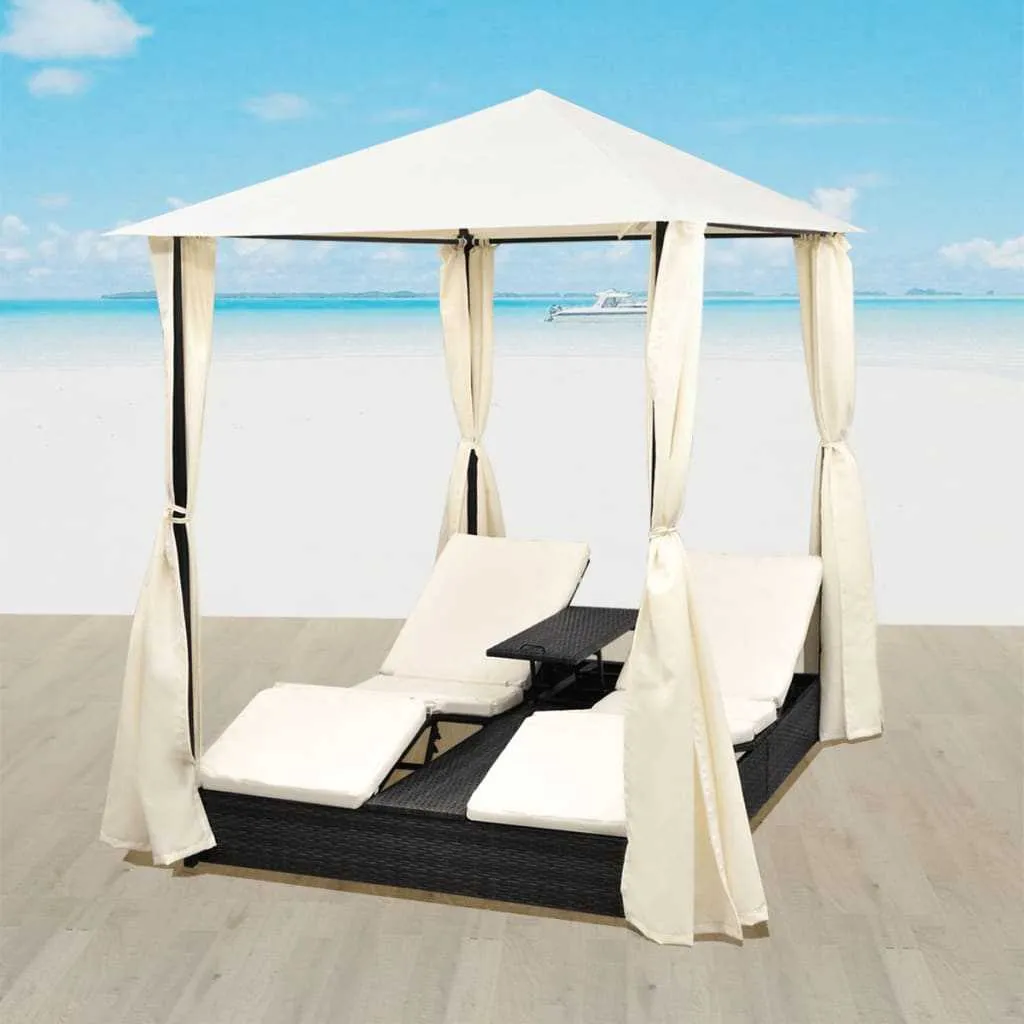 Double Sun Lounger with Curtains Poly Rattan Black