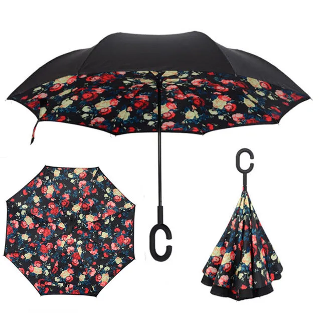 Folding Reverse Umbrella Double Layer Inverted Windproof Rain Car Umbrellas For Women