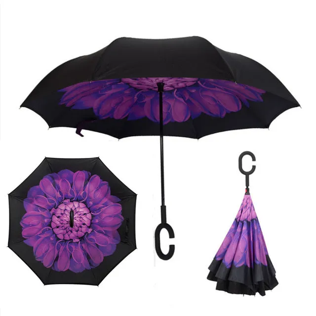 Folding Reverse Umbrella Double Layer Inverted Windproof Rain Car Umbrellas For Women