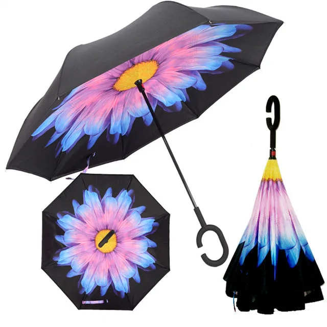 Folding Reverse Umbrella Double Layer Inverted Windproof Rain Car Umbrellas For Women