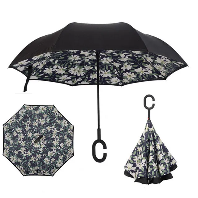 Folding Reverse Umbrella Double Layer Inverted Windproof Rain Car Umbrellas For Women