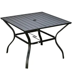 Garden Table with Parasol Hole, Outdoor Dining Garden Table for Four, Square Patio Table with Slatted Metal Plate Top, Black