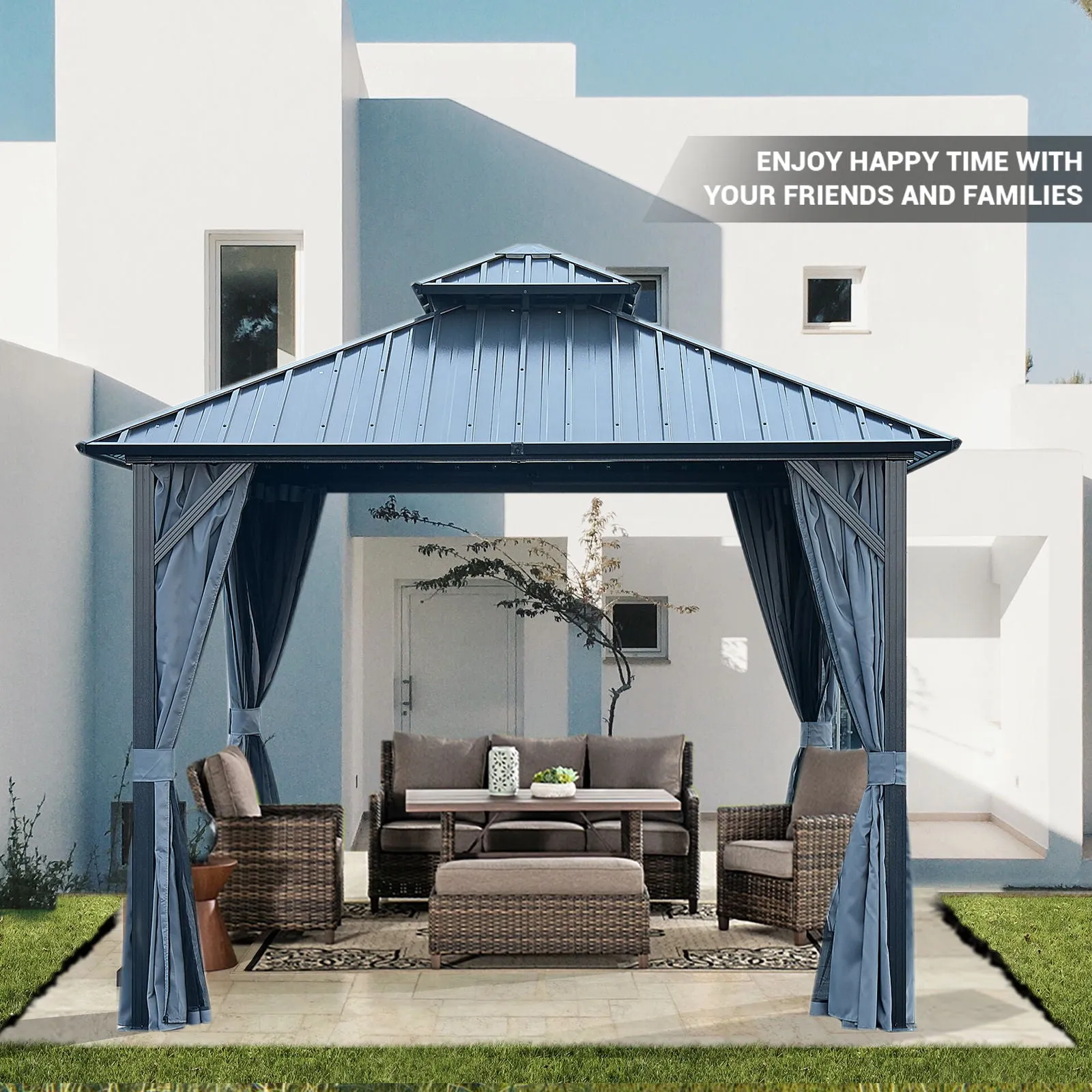 Gazebo Double Roof Canopy With Netting And Curtains, Outdoor Gazebo 2 Tier Hardtop Galvanized Iron Aluminum Frame Garden Tent For Patio, Backyard, Deck And Lawns