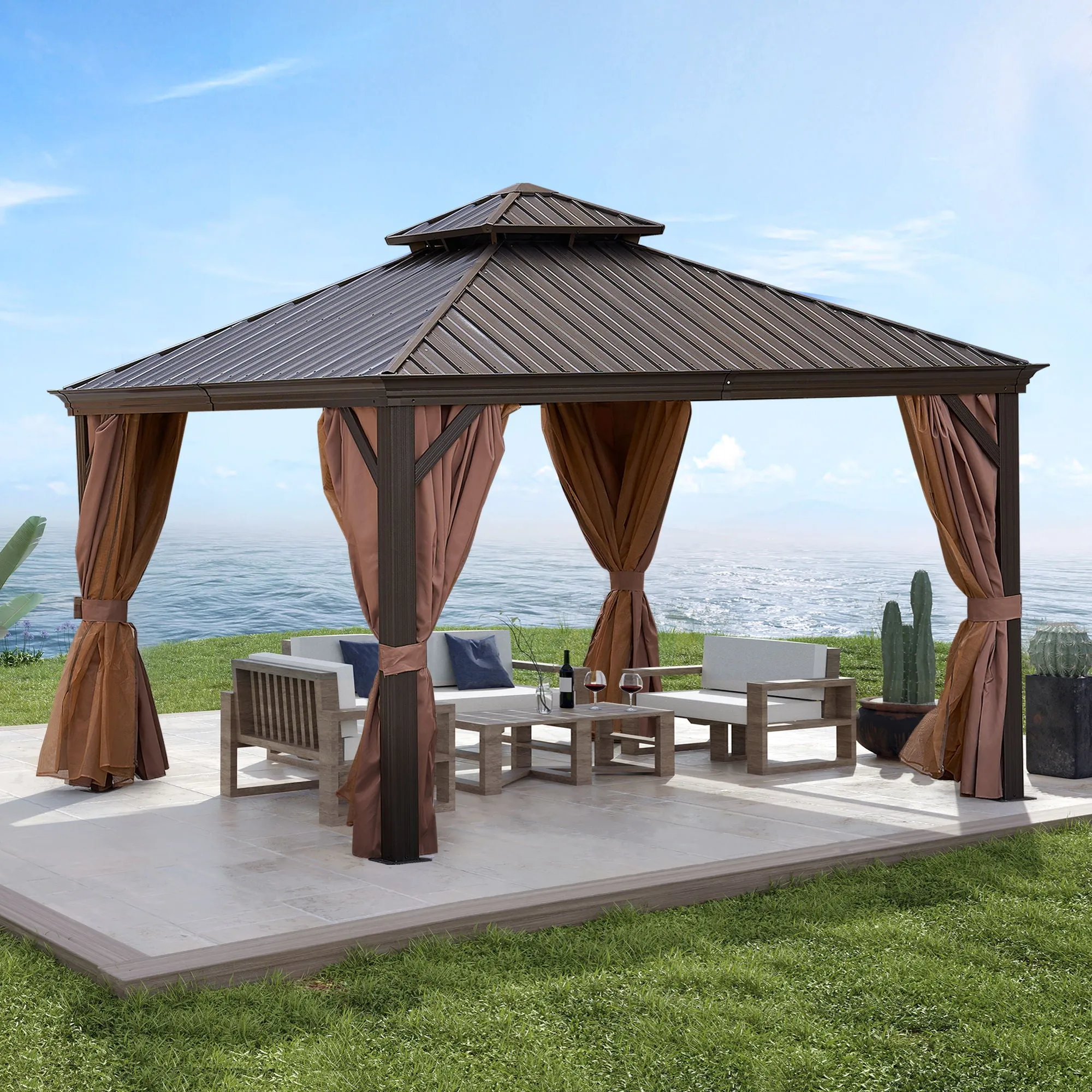 Gazebo Double Roof Canopy With Netting And Curtains, Outdoor Gazebo 2 Tier Hardtop Galvanized Iron Aluminum Frame Garden Tent For Patio, Backyard, Deck And Lawns