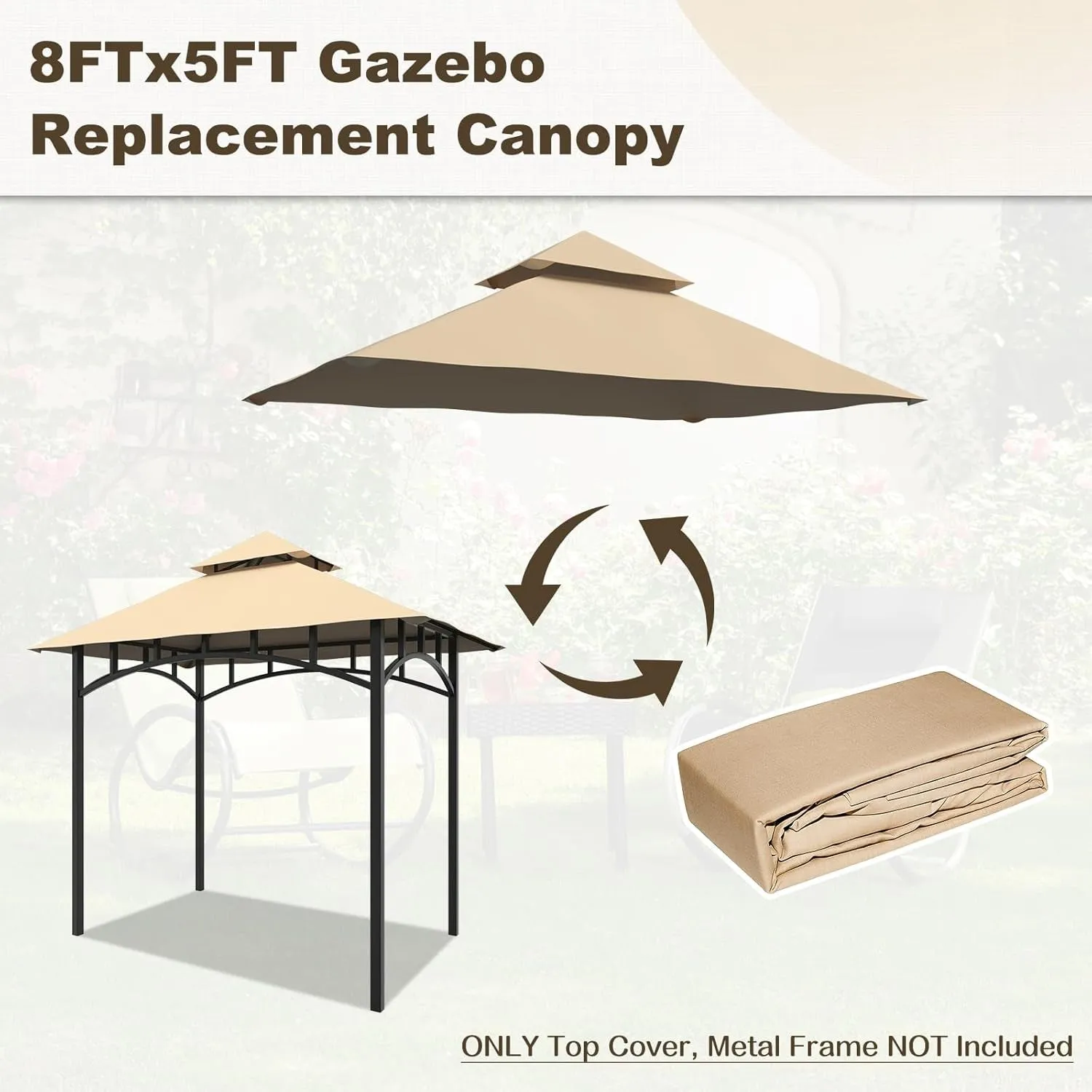 Grill Gazebo Canopy Replacement Cover, 5'X8' Double Tiered BBQ Roof Top, BBQ Gazebo Cover Grill Shelter for Garden Patio Yard Outdoor (Khaki)