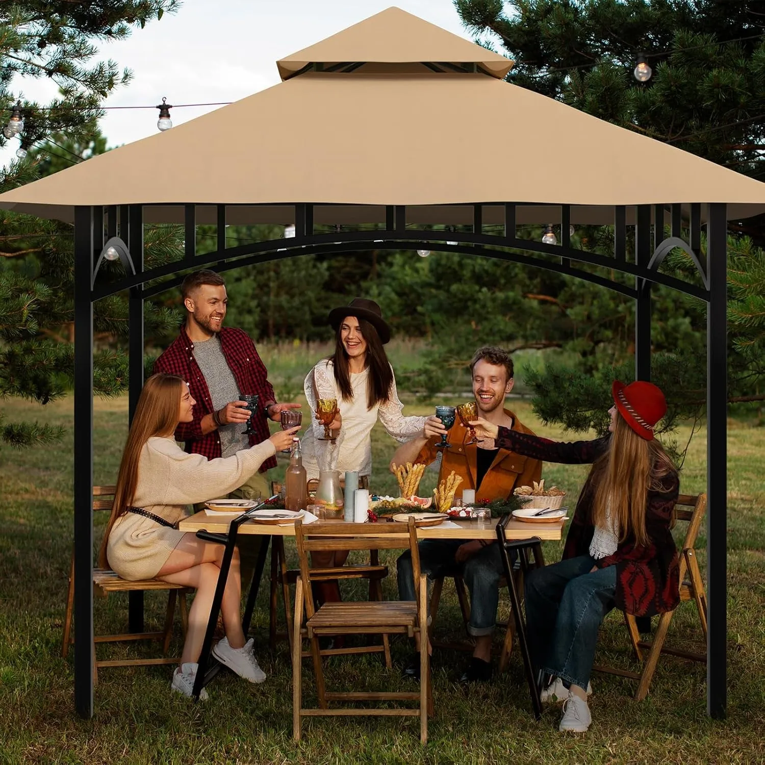 Grill Gazebo Canopy Replacement Cover, 5'X8' Double Tiered BBQ Roof Top, BBQ Gazebo Cover Grill Shelter for Garden Patio Yard Outdoor (Khaki)