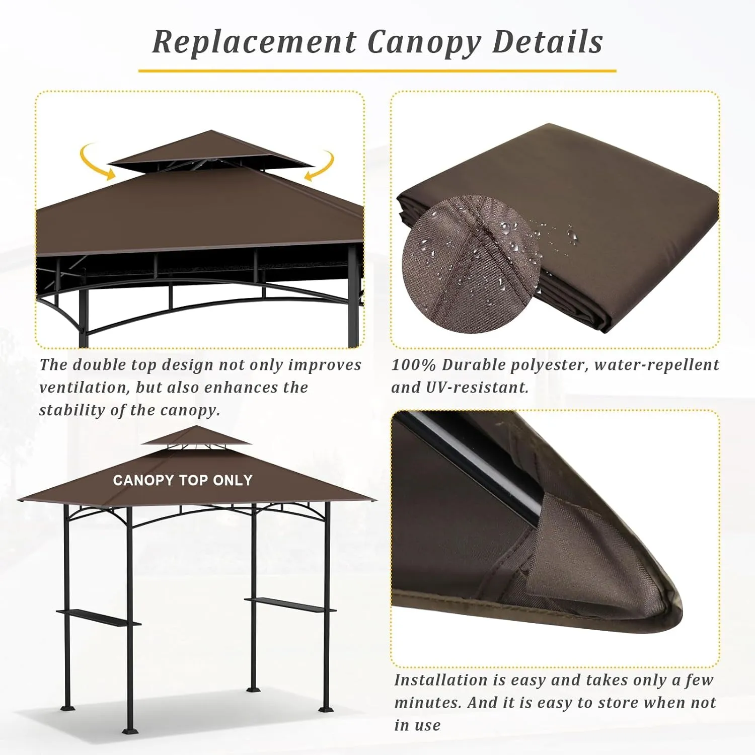 Grill Gazebo Replacement Canopy Top -  5'X8' Outdoor BBQ Tent Roof Cover Double Tiered Outdoor Grill Shelter Fit for Model L-GG001PST-F (Brown)