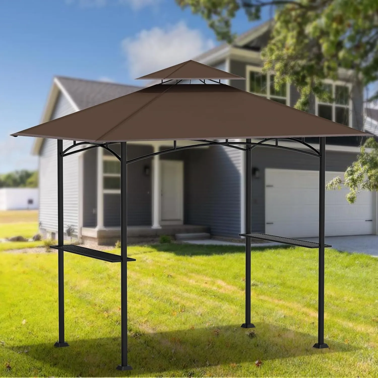 Grill Gazebo Replacement Canopy Top -  5'X8' Outdoor BBQ Tent Roof Cover Double Tiered Outdoor Grill Shelter Fit for Model L-GG001PST-F (Brown)