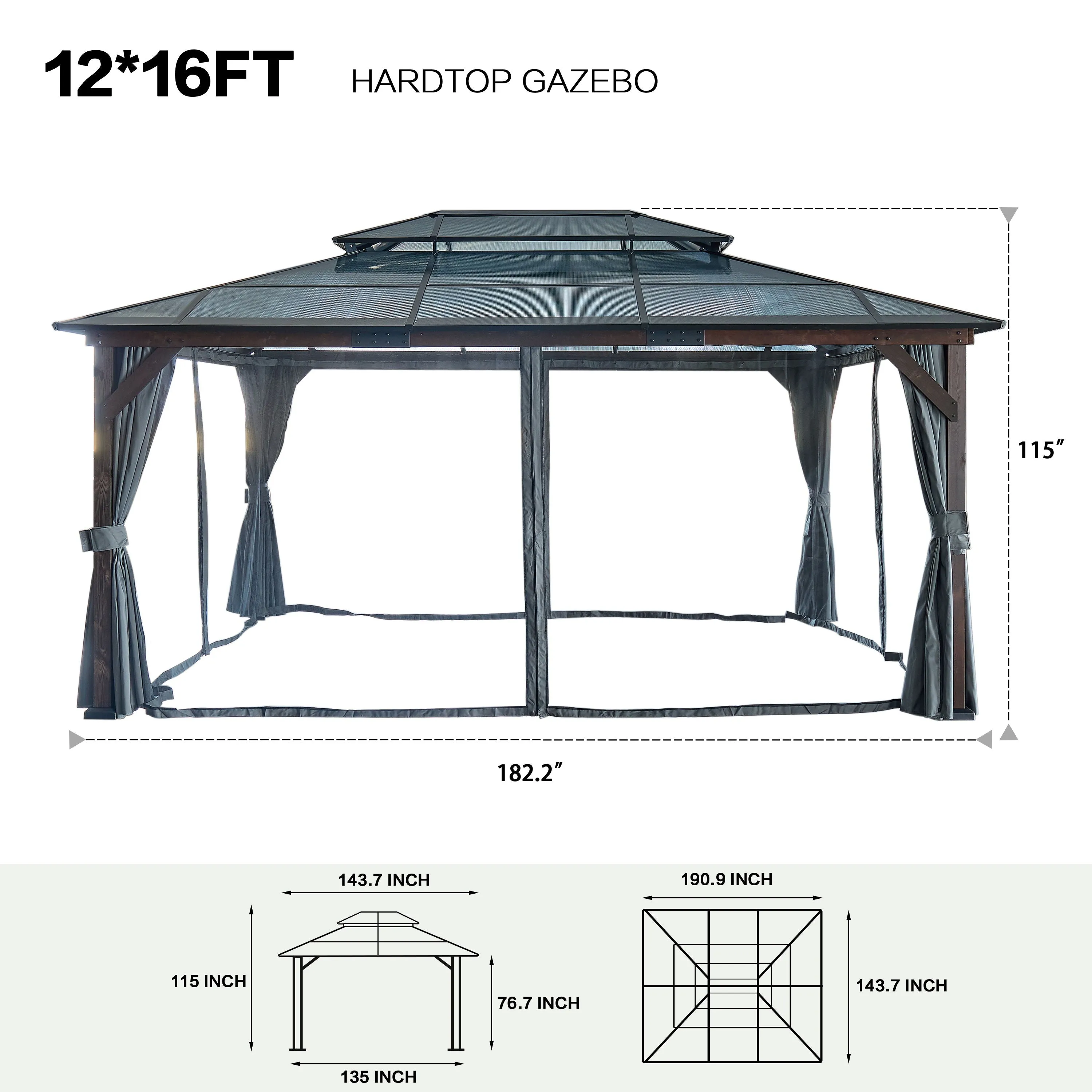 Hardtop Gazebo For Patios, Outdoor Framed Gazebo With Polycarbonate Double Roof Canopy, Solid Framed Gazebo With Privacy Curtains And Mosquito Nettings For Garden, Backyard