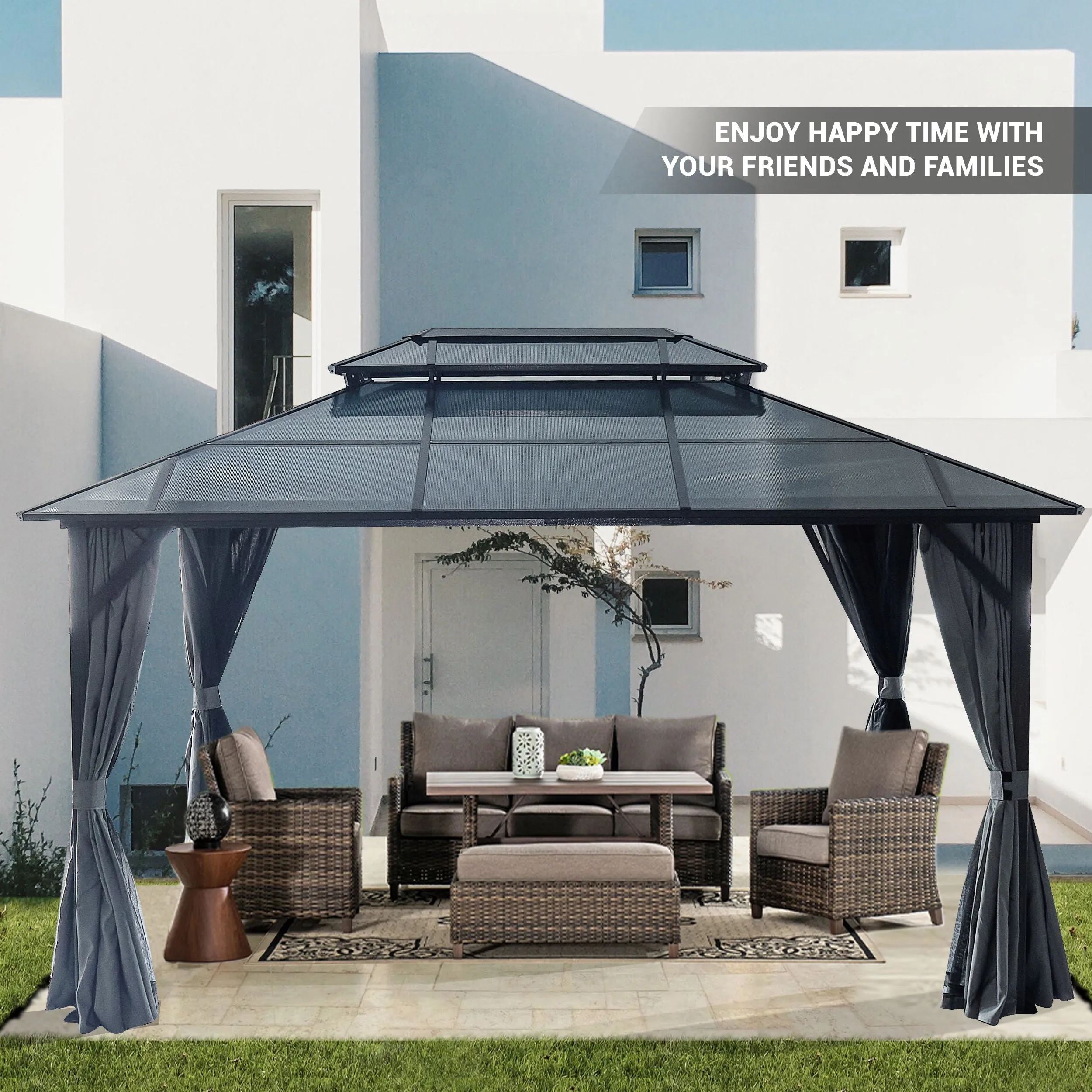 Hardtop Gazebo For Patios, Outdoor Framed Gazebo With Polycarbonate Double Roof Canopy, Solid Framed Gazebo With Privacy Curtains And Mosquito Nettings For Garden, Backyard