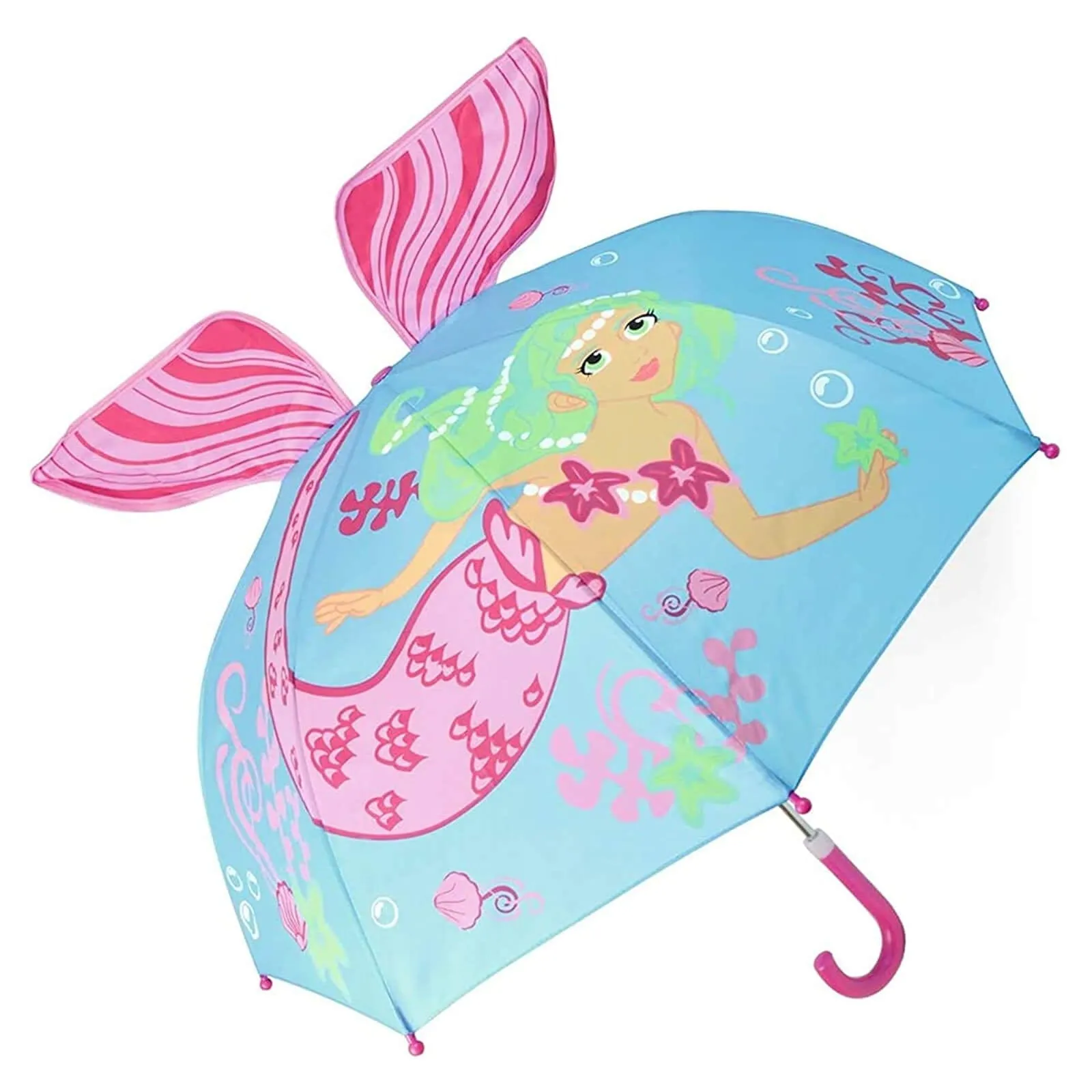 Kids 3D Mermaid Dome Umbrella Pink Crook Handle Tail Fins Top