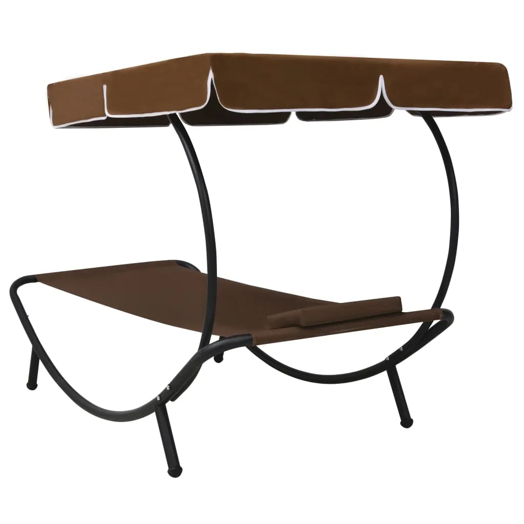 Outdoor Lounge Bed with Canopy & Pillow Brown