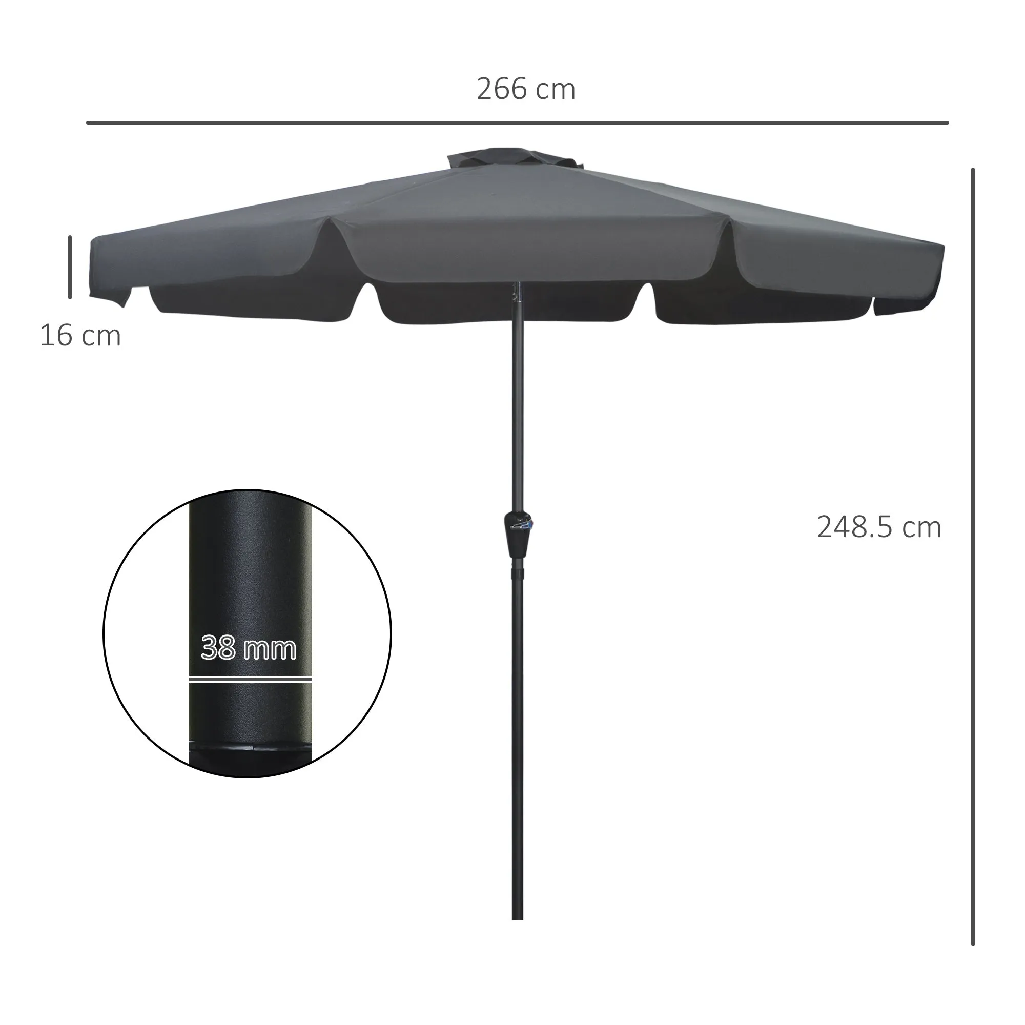 Outsunny 2.7m Patio Umbrella Garden Parasol with Crank, Ruffles, 8 Ribs, Black