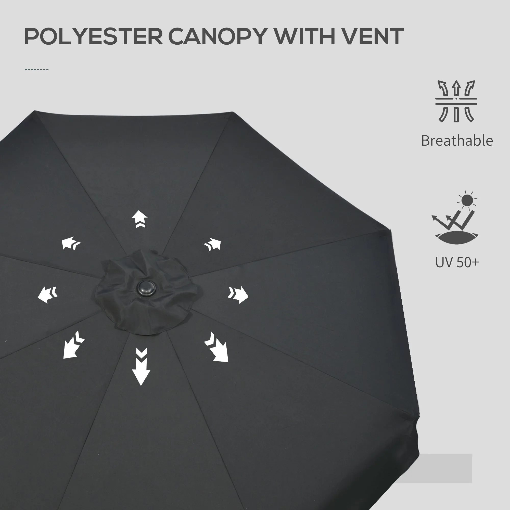 Outsunny 2.7m Patio Umbrella Garden Parasol with Crank, Ruffles, 8 Ribs, Black