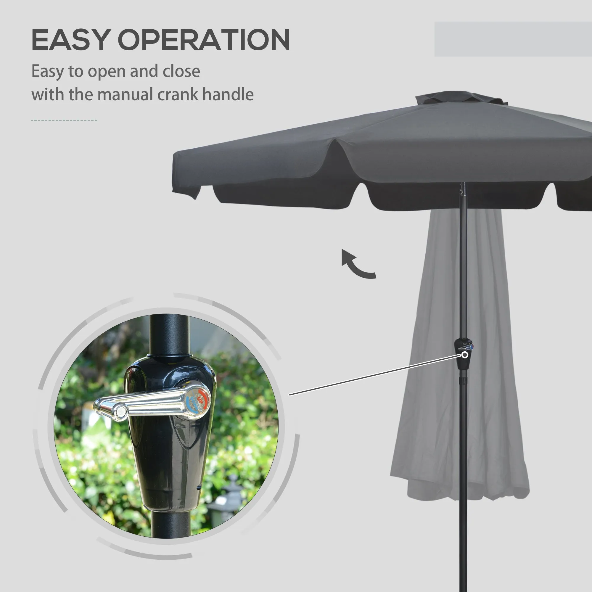 Outsunny 2.7m Patio Umbrella Garden Parasol with Crank, Ruffles, 8 Ribs, Black