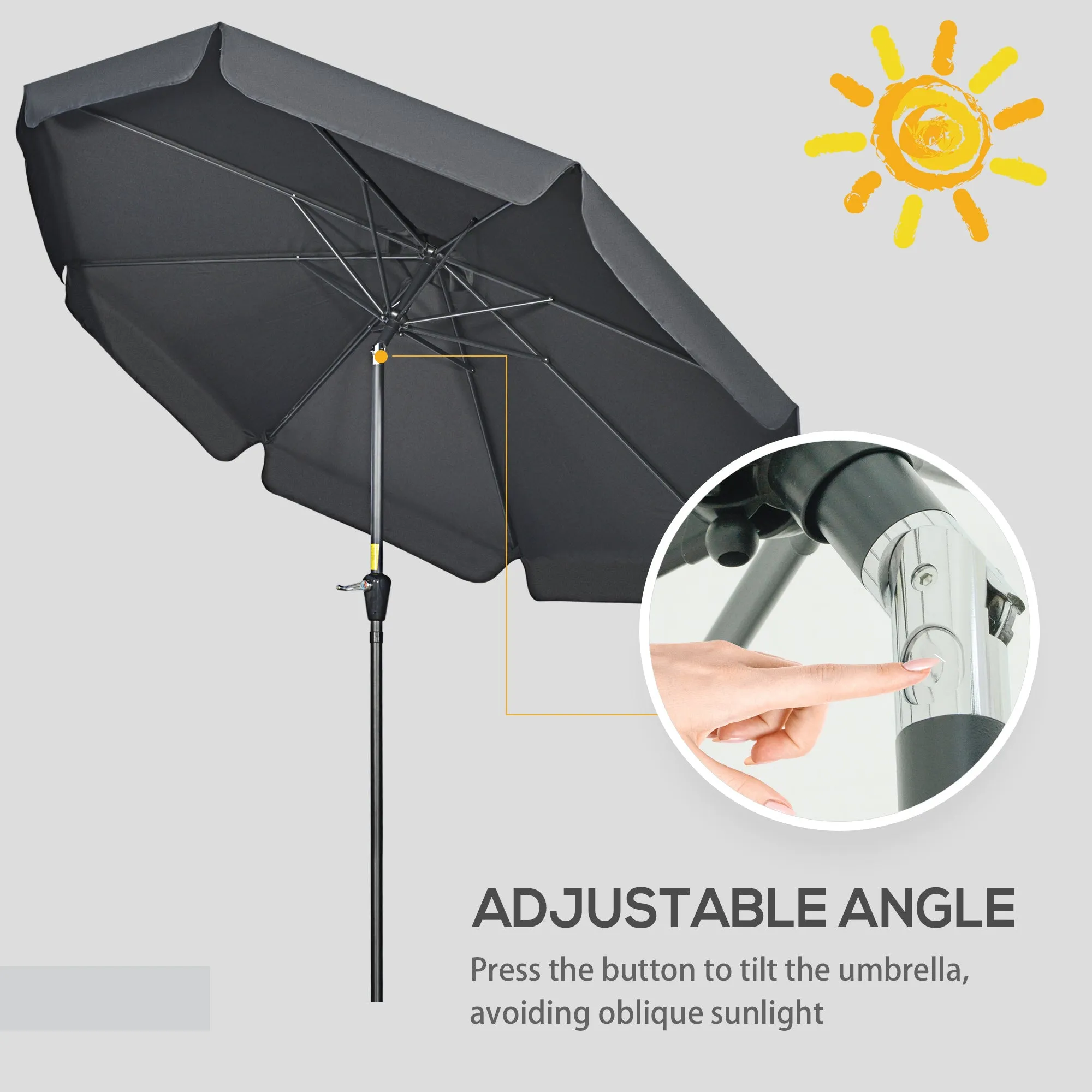 Outsunny 2.7m Patio Umbrella Garden Parasol with Crank, Ruffles, 8 Ribs, Black