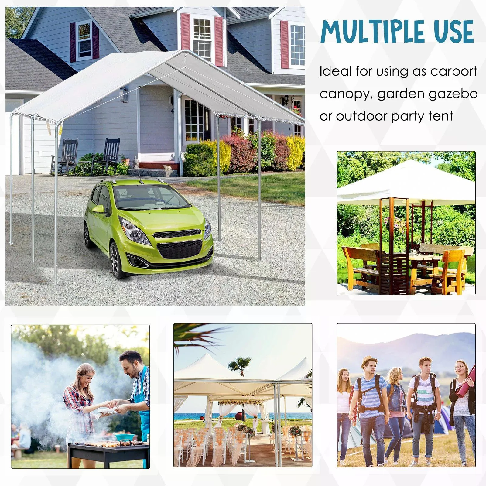 Outsunny 3 x 6m Heavy Duty Carport Garage Car Shelter Galvanized Steel Outdoor Open Canopy Tent Water UV Resistant Waterproof, White