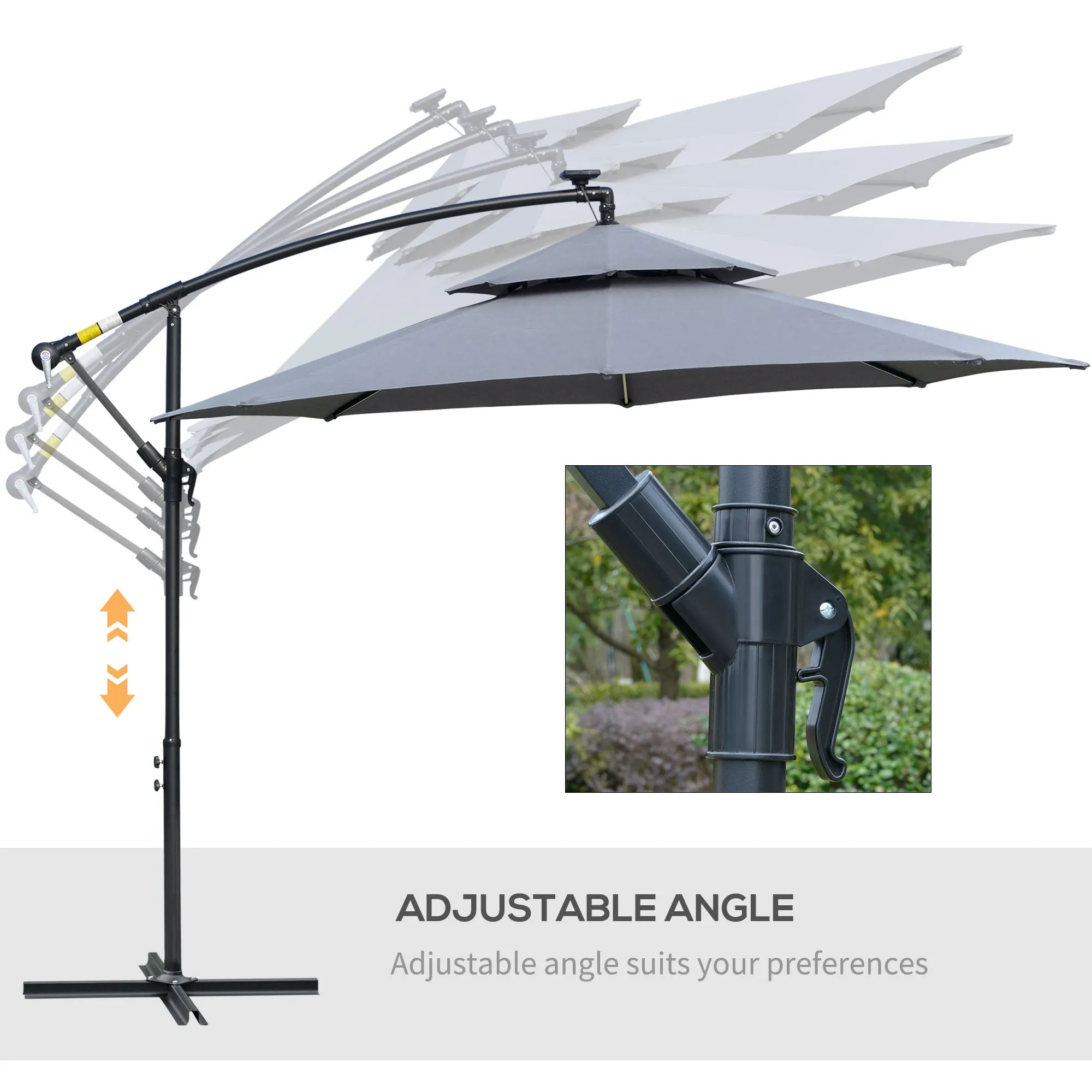 Outsunny 3(m) Cantilever Banana Parasol Hanging Umbrella with Double Roof, LED Solar lights, Crank, 8 Sturdy Ribs and Cross Base for Outdoor, Garden, Patio, Grey