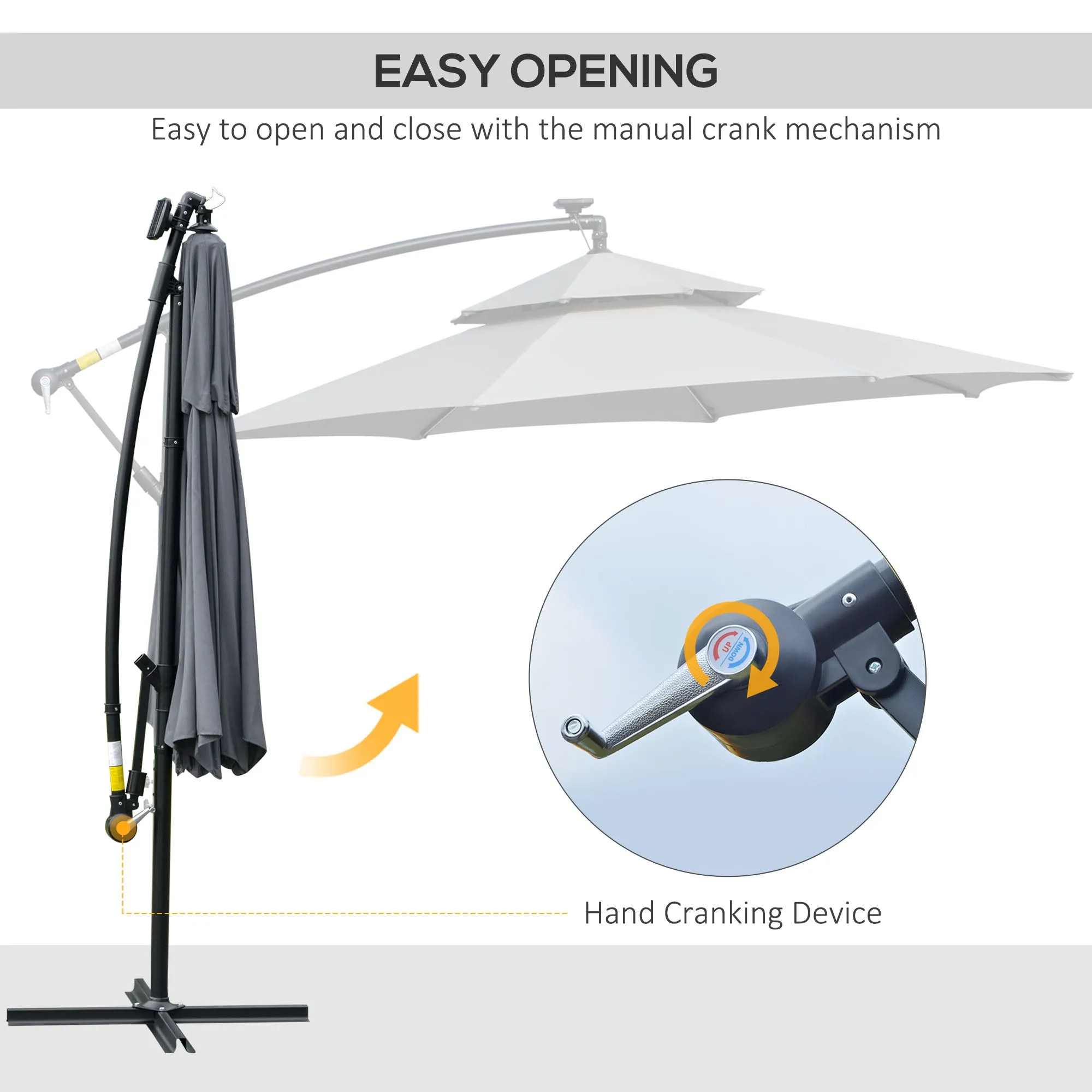 Outsunny 3(m) Cantilever Banana Parasol Hanging Umbrella with Double Roof, LED Solar lights, Crank, 8 Sturdy Ribs and Cross Base for Outdoor, Garden, Patio, Grey