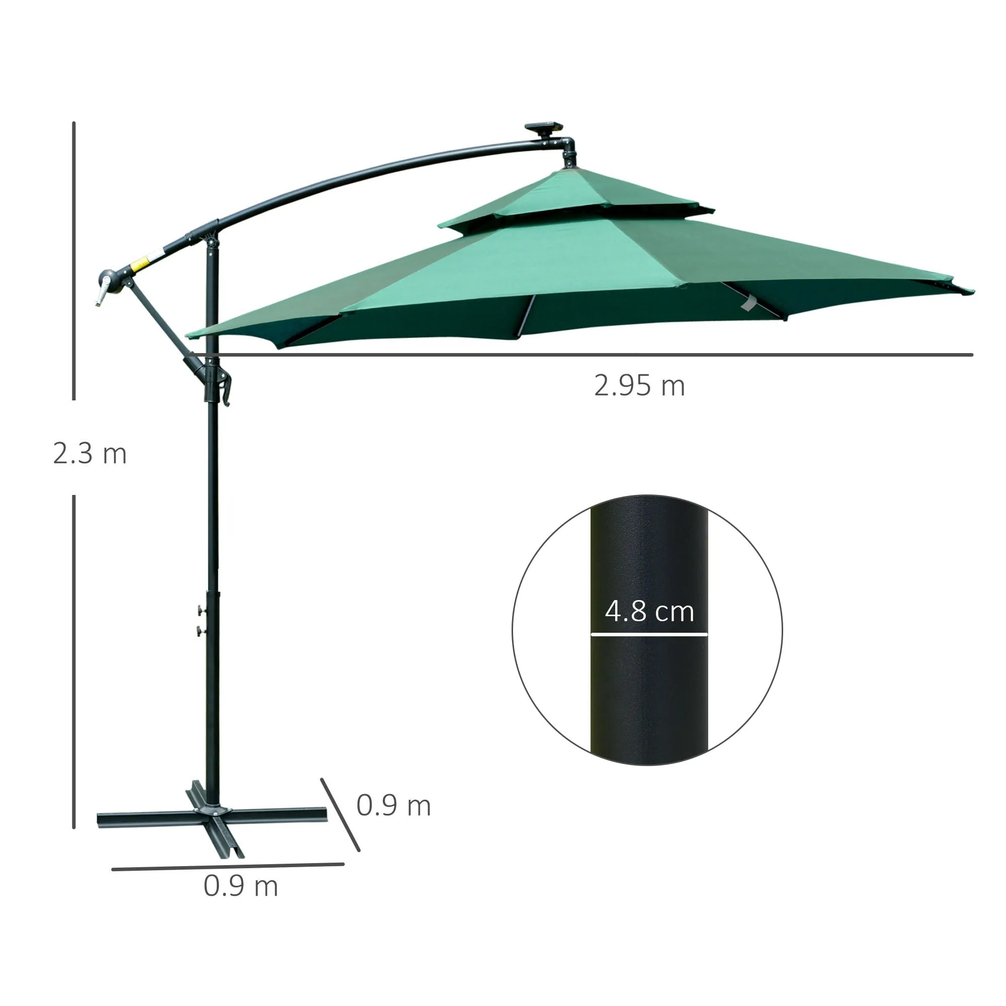 Outsunny 3(m) Cantilever Parasol Hanging Banana Umbrella w/ lights, Green