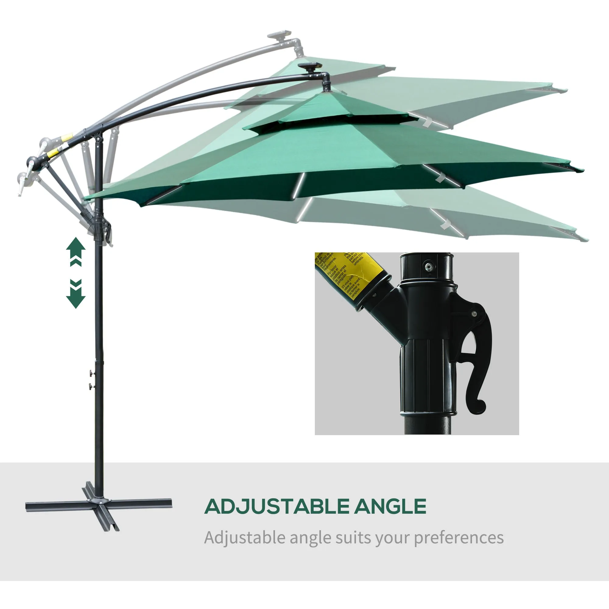 Outsunny 3(m) Cantilever Parasol Hanging Banana Umbrella w/ lights, Green