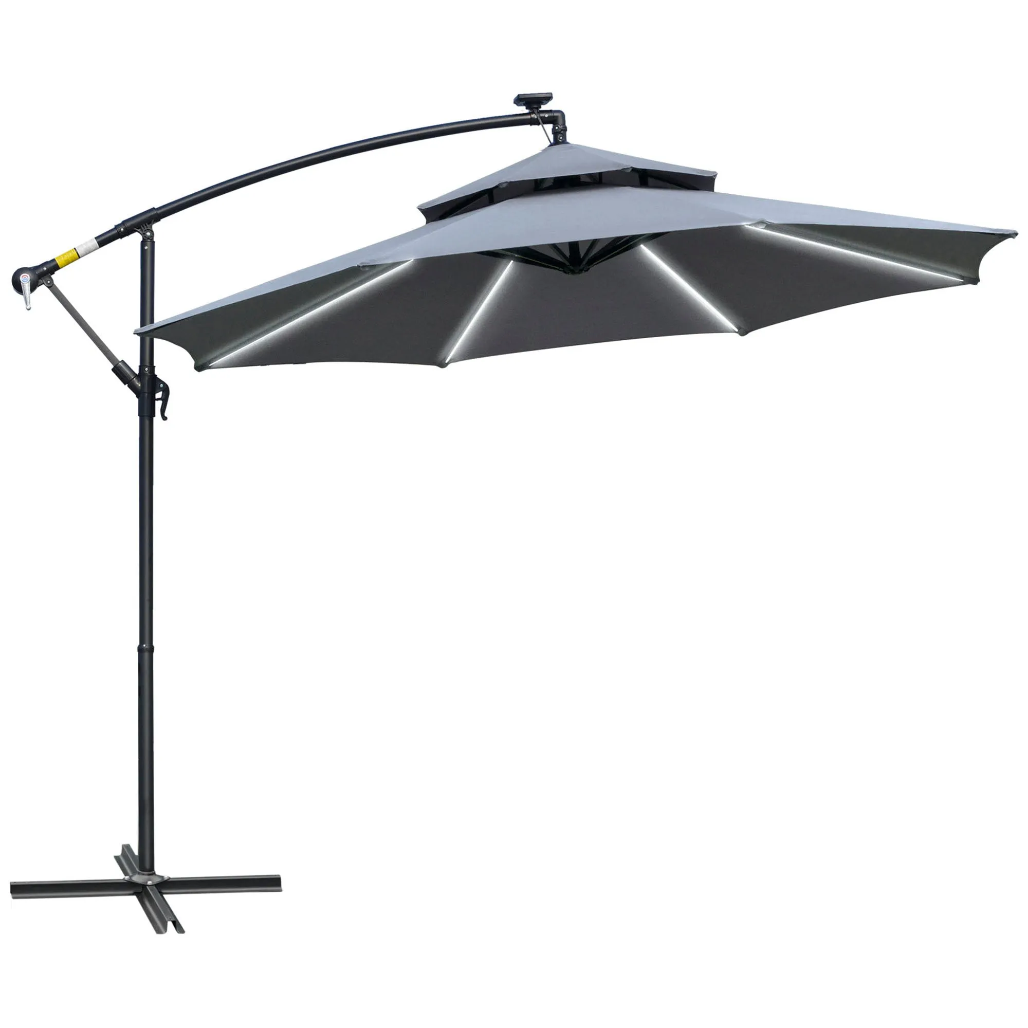 Outsunny 3(m) Cantilever Parasol Hanging Banana Umbrella w/ lights, Grey