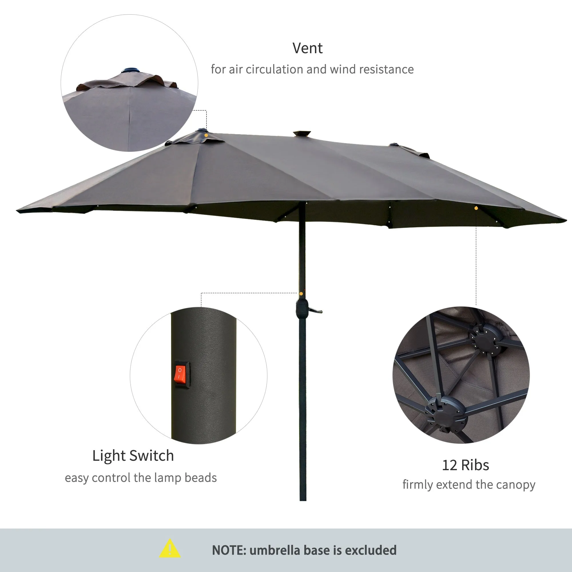 Outsunny 4.4m Double-Sided Sun Umbrella Patio Parasol Solar Lights Dark Grey