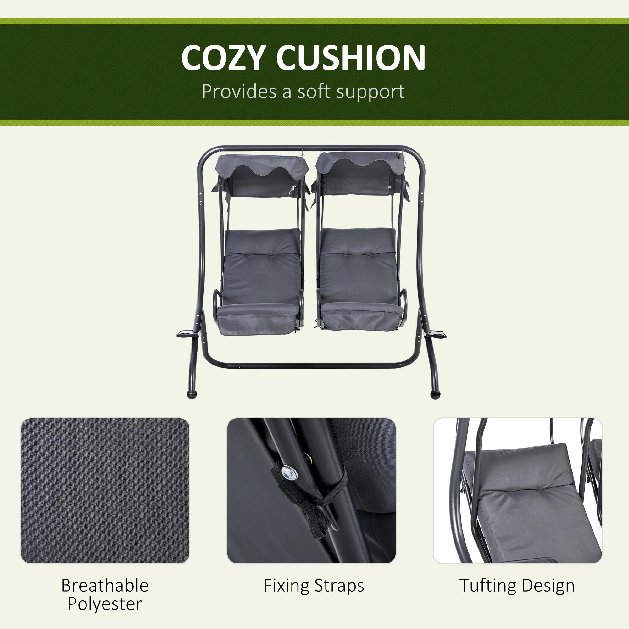 Outsunny Canopy Swing 2 Separate Relax Chairs w/ Handrails, Cup Holders Grey