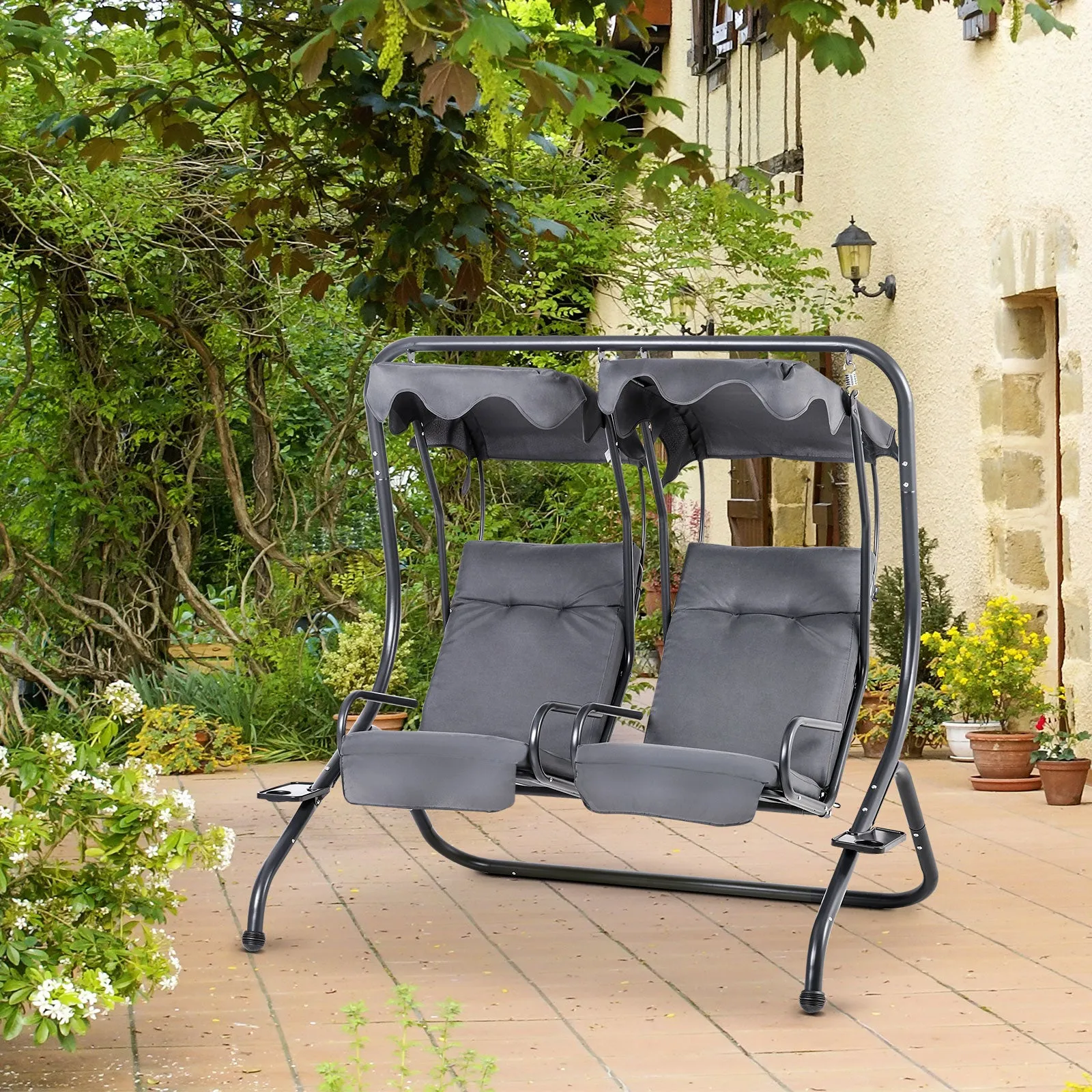 Outsunny Canopy Swing 2 Separate Relax Chairs w/ Handrails, Cup Holders Grey