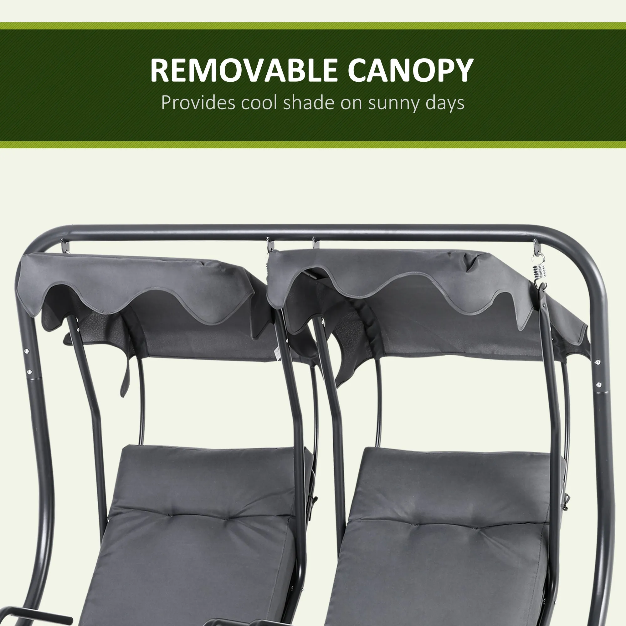 Outsunny Canopy Swing 2 Separate Relax Chairs w/ Handrails, Cup Holders Grey