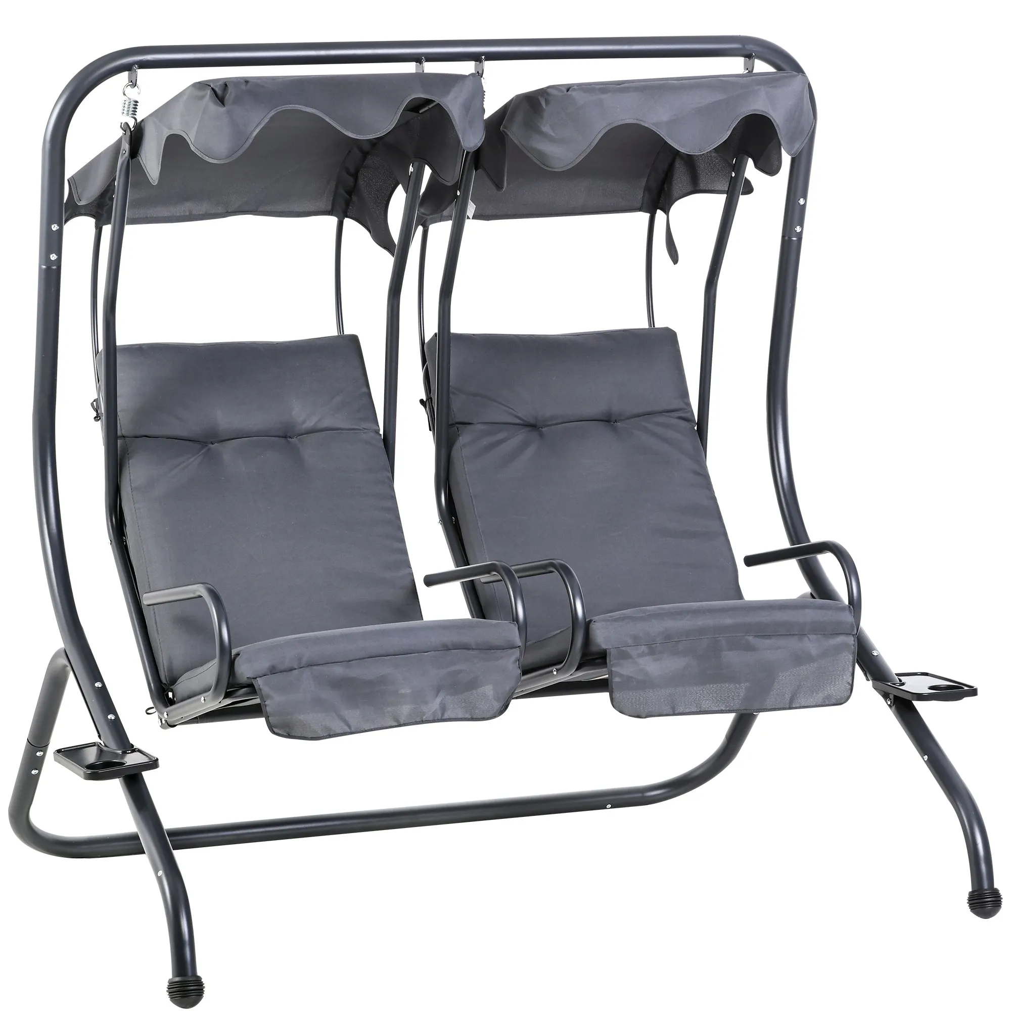 Outsunny Canopy Swing 2 Separate Relax Chairs w/ Handrails, Cup Holders Grey