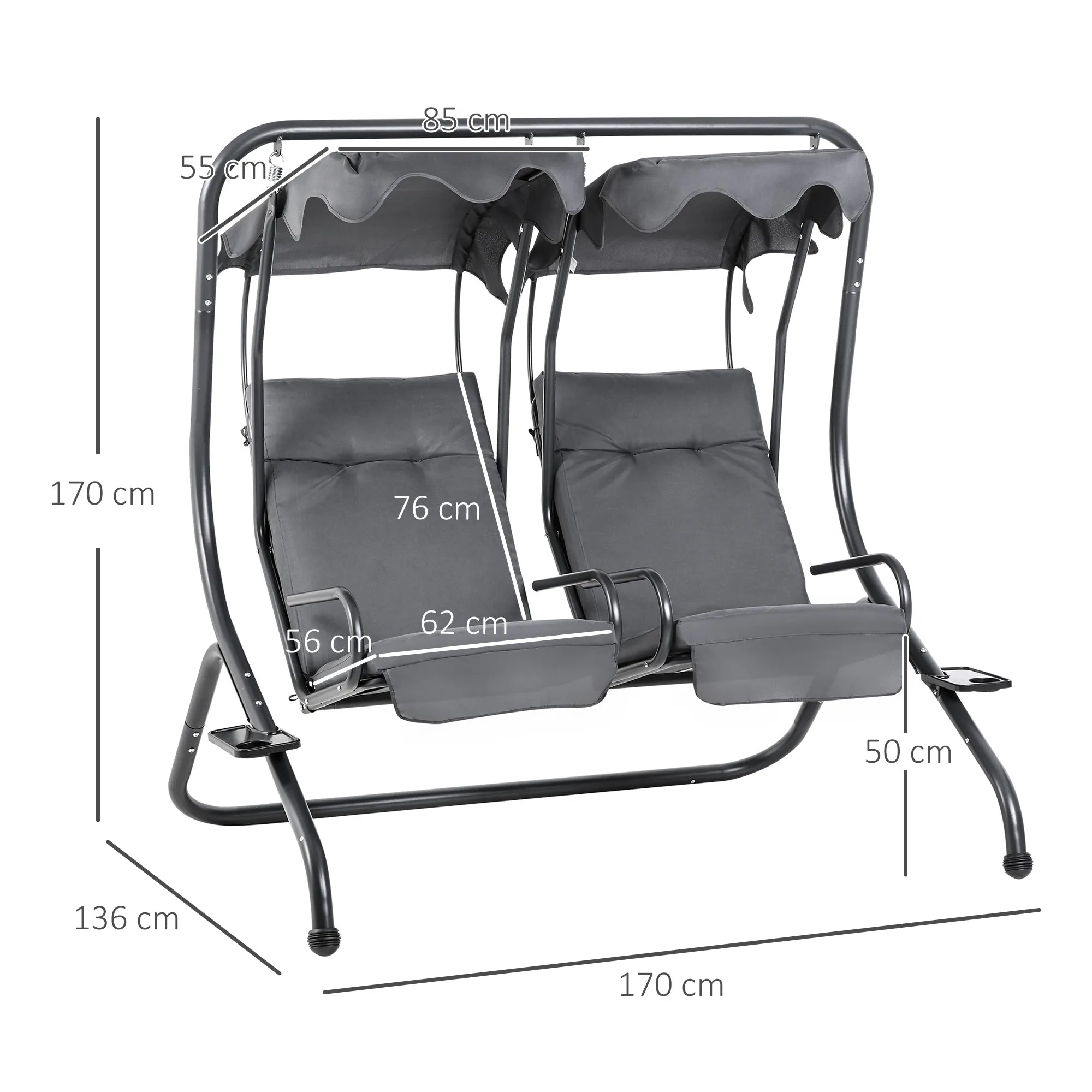 Outsunny Canopy Swing 2 Separate Relax Chairs w/ Handrails, Cup Holders Grey