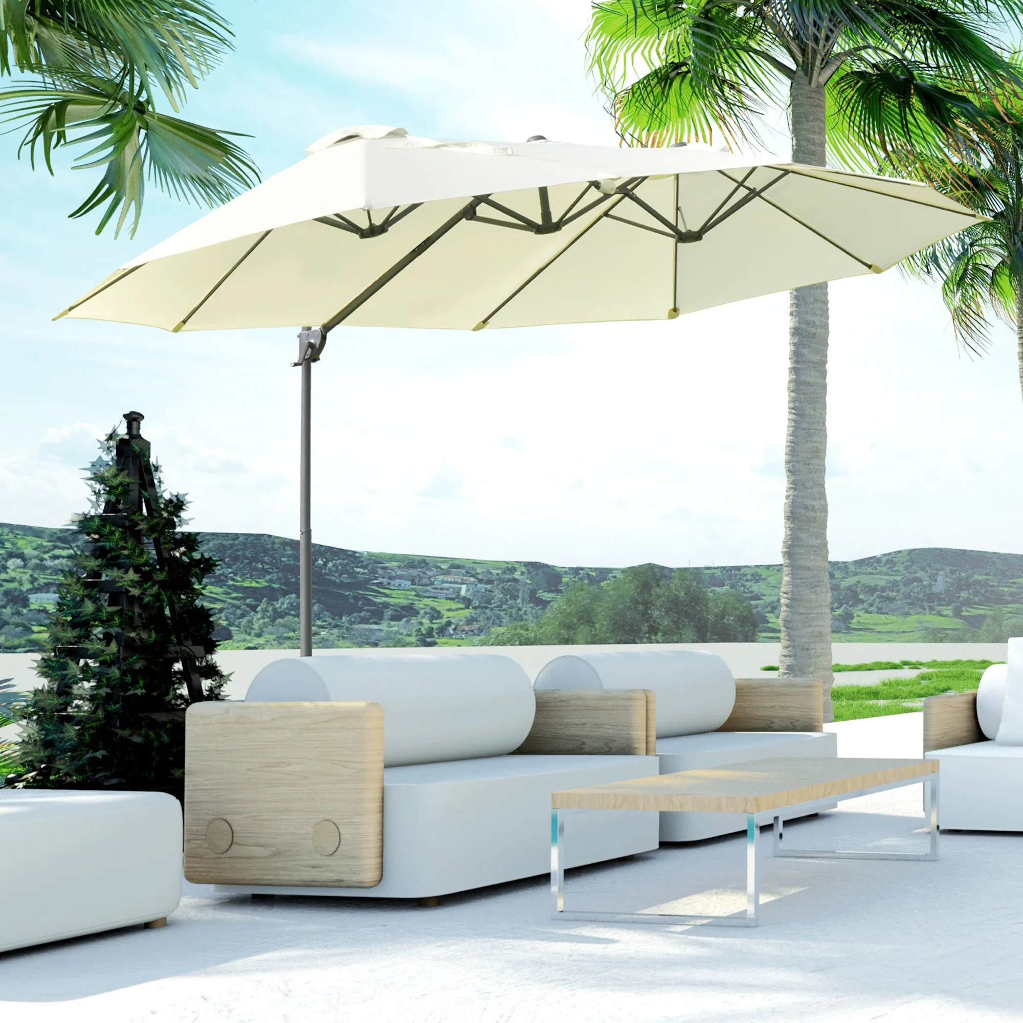 Outsunny Double Canopy Offset Parasol Umbrella Garden Shade Steel Canopy Beige