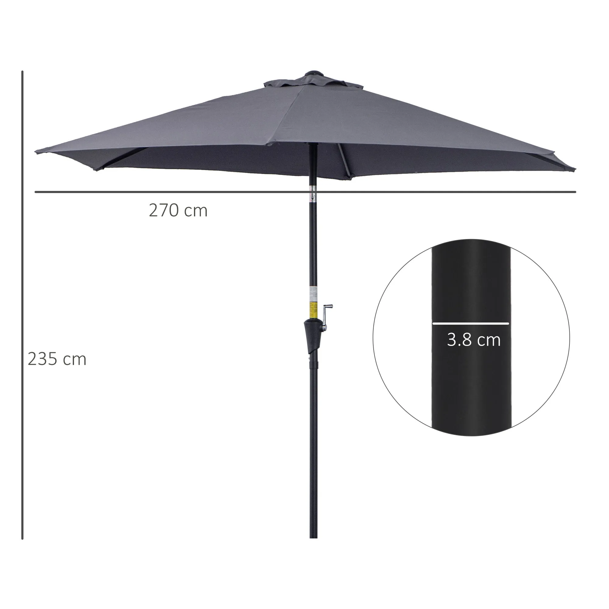 Outsunny Patio Umbrella Parasol Sun Shade Garden Aluminium Grey 2.7M