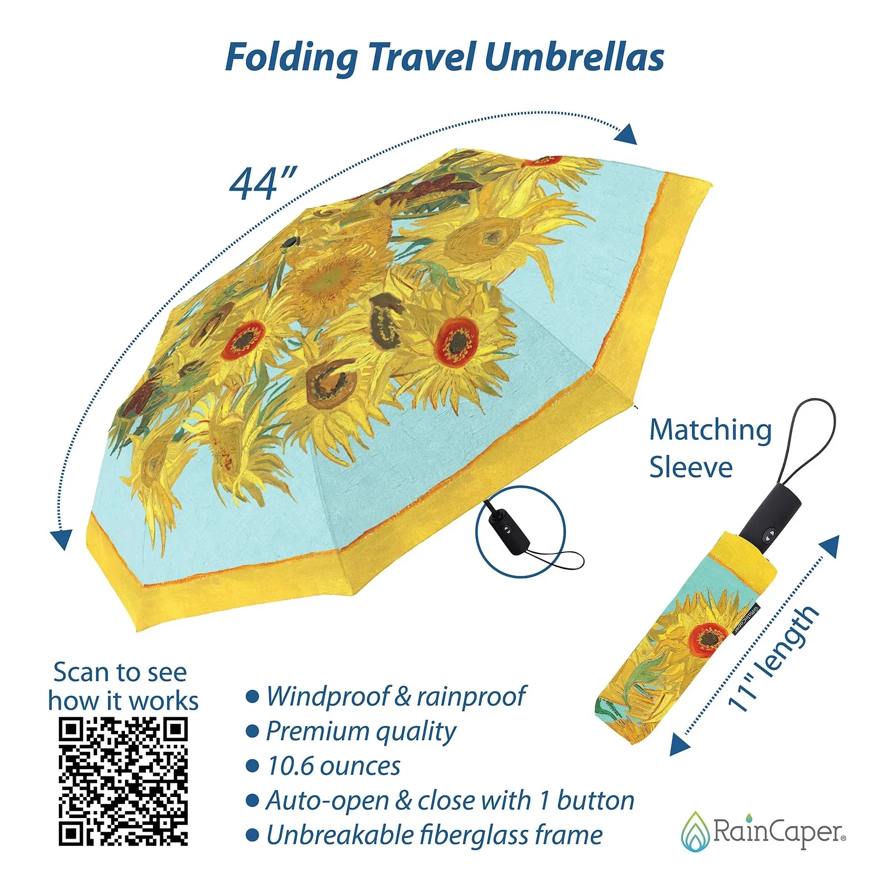 RainCaper Folding Travel Umbrella – Van Gogh – Sunflowers