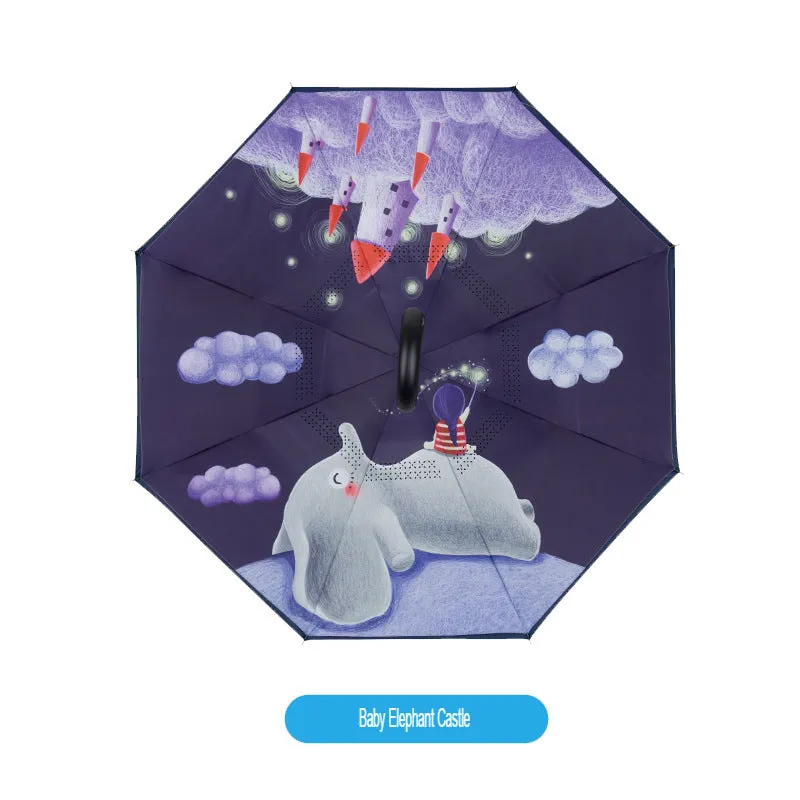 Reverse Umbrella Double-Layer Children's Umbrella Male And Female Cartoon Primary School Children Going To School 12 Years Old Rain Gear Umbrella