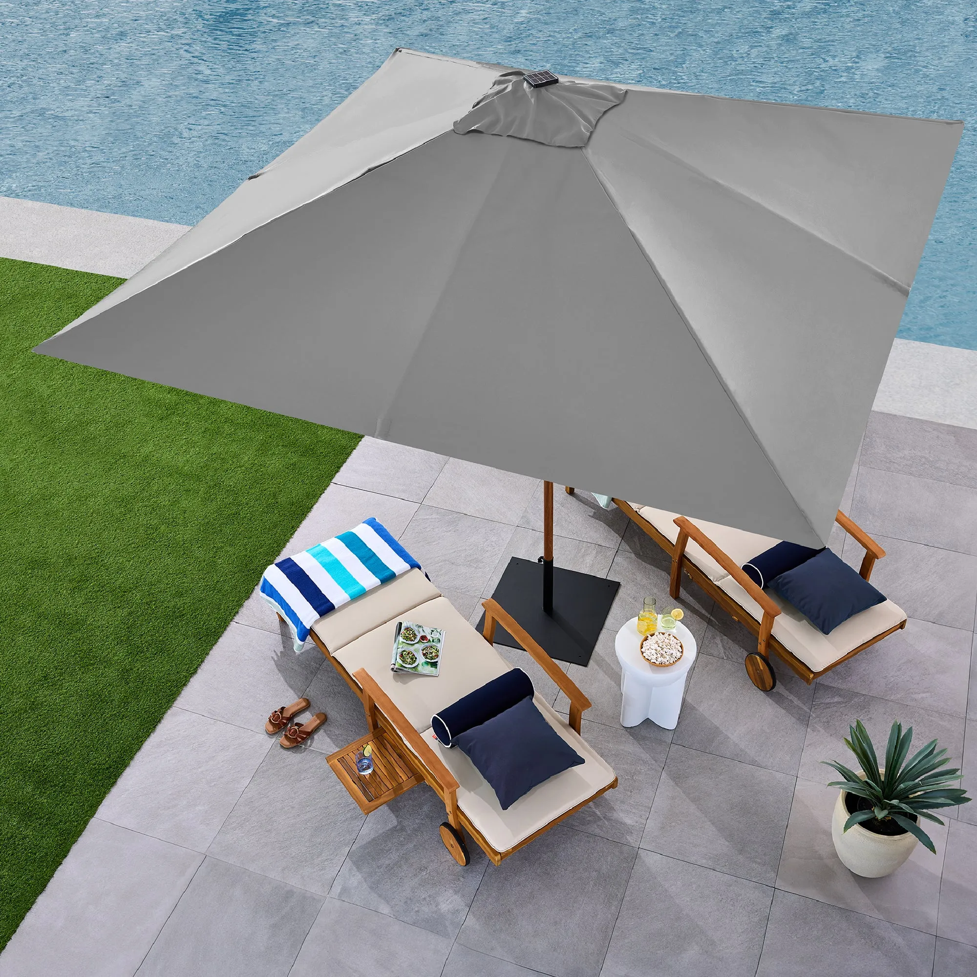 Square Solar LED Lighted Patio Umbrella w/ Faux Wood Texture - 9ft