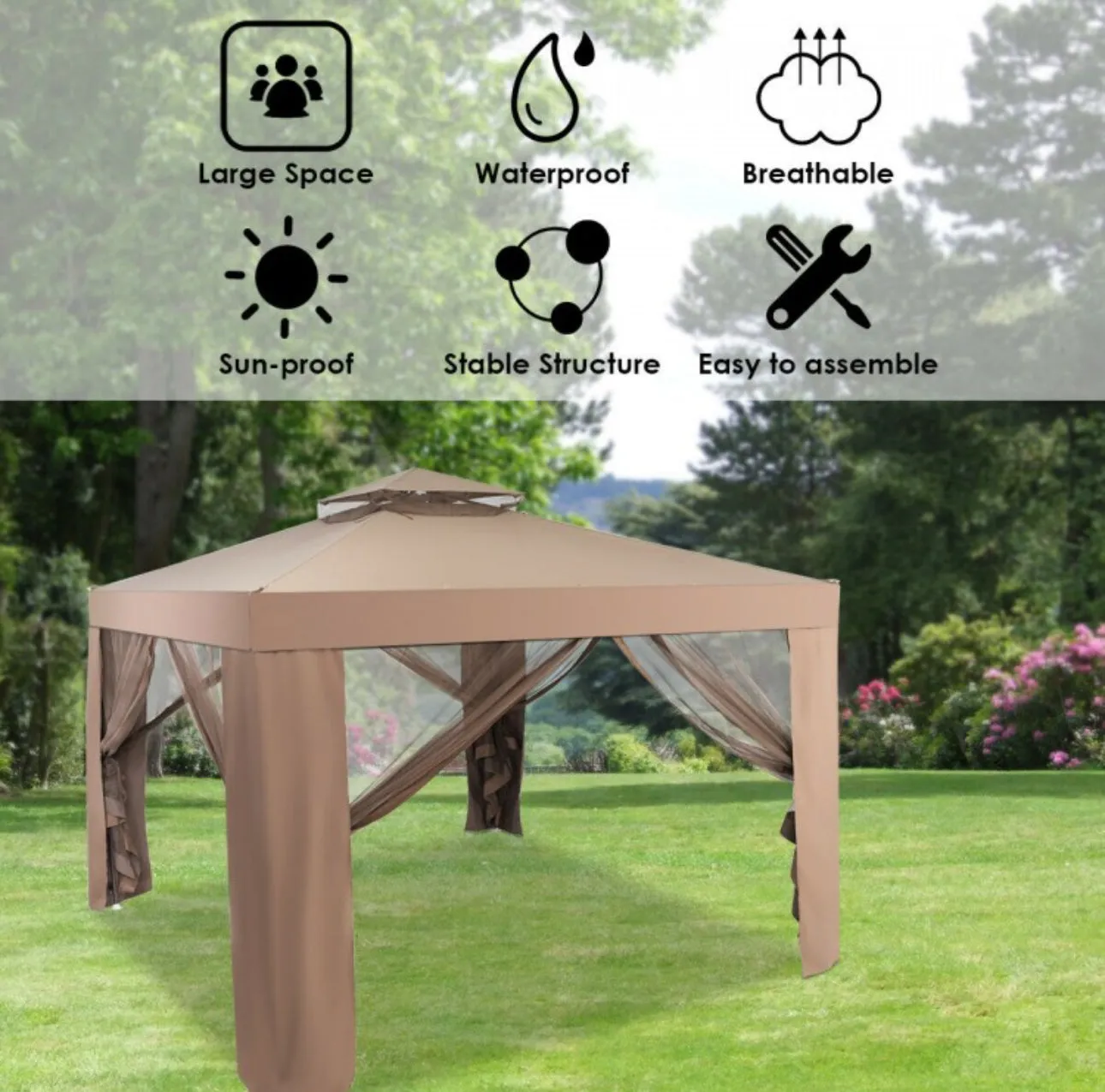 Super Duty Classy 10x10 Ft Patio Canopy Tent Gazebo With Netting | Double Tiered Roofing | Ventilation | Reinforced Steel Weather Resistant