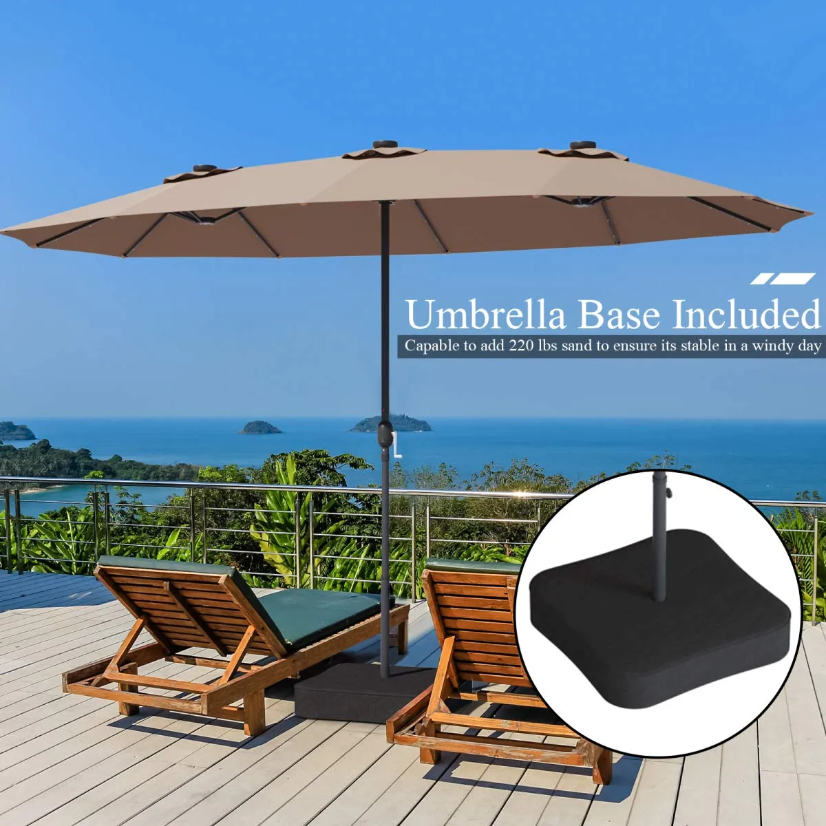 Tangkula 15 Ft Solar LED Patio Double-Sided Umbrella with Base