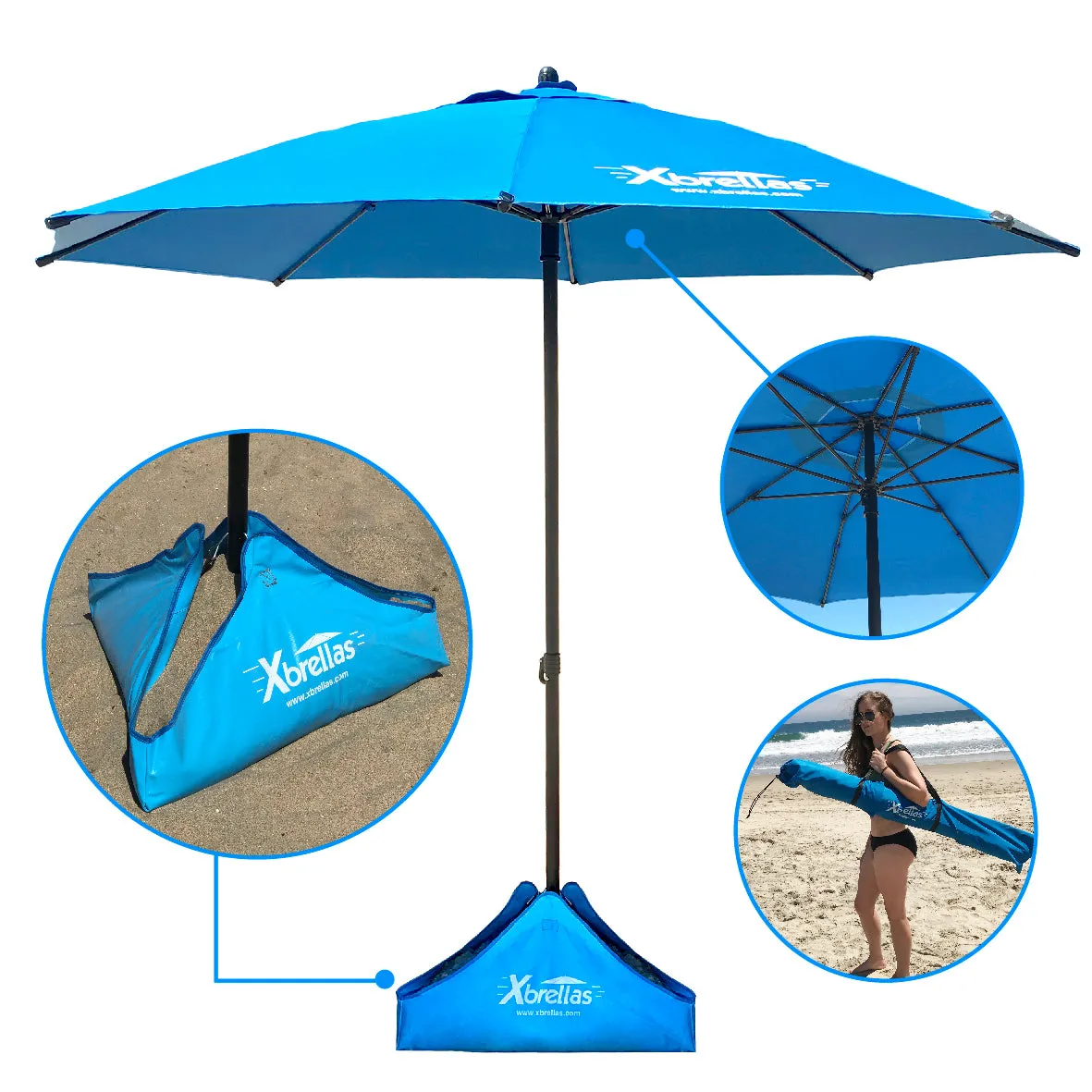 Xbrellas – The Best High Wind Resistant Large 7.5’ Beach Umbrella.  6 Heavy Duty Strong Fiberglass Ribs, Marine Grade